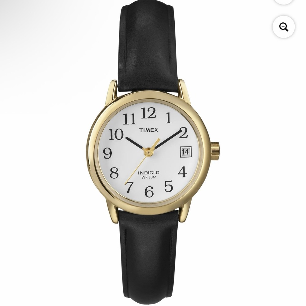 Timex Easy Reader 25mm. Gold Brass Case, Black Leather Strap, Women's Watch